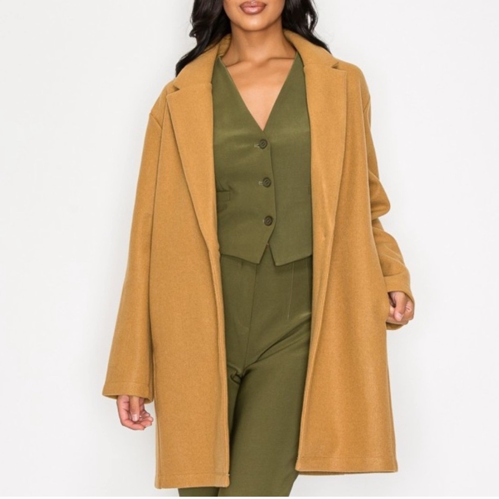 Women's Tan Fall Winter Lapel Coat Medium